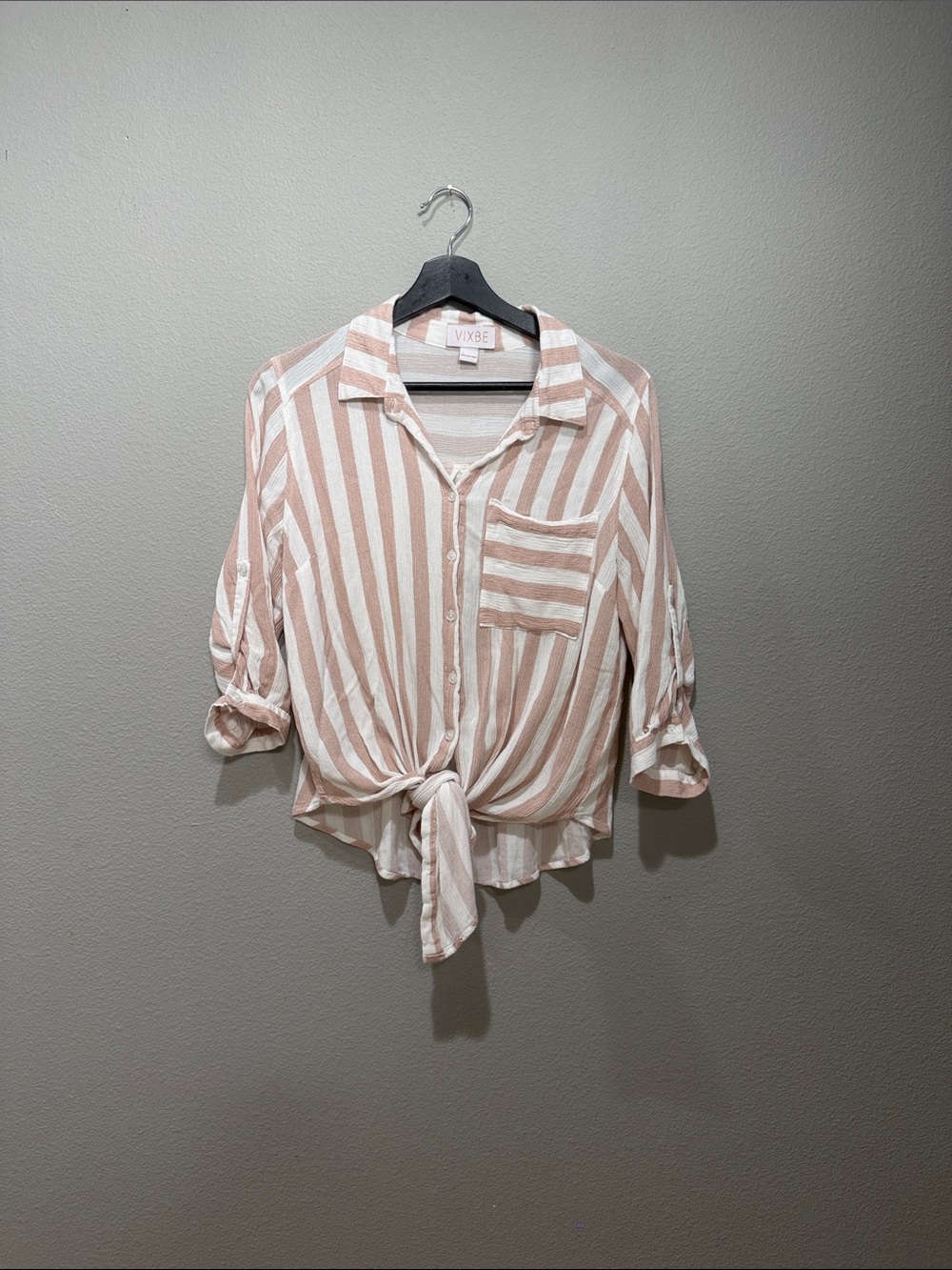 Vixbe Pink Cream Stripe Button Down Tie Front 3/4 Sleeve Gauzy Blouse Size M